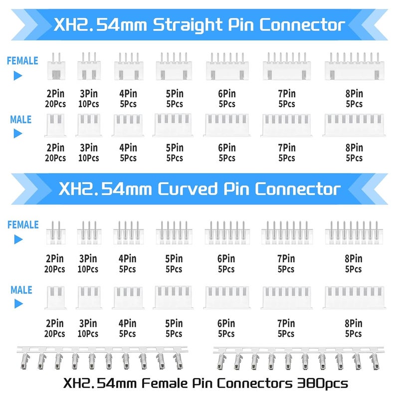 JTAREA 29Values 600PCS JST XH 2.54 MM Connector Kit 2.54MM 2Pin 3Pin 4Pin 5Pin 6Pin 7Pin 8Pin Female Male Housing Jst-xh Female Pin Connectors - Image 2